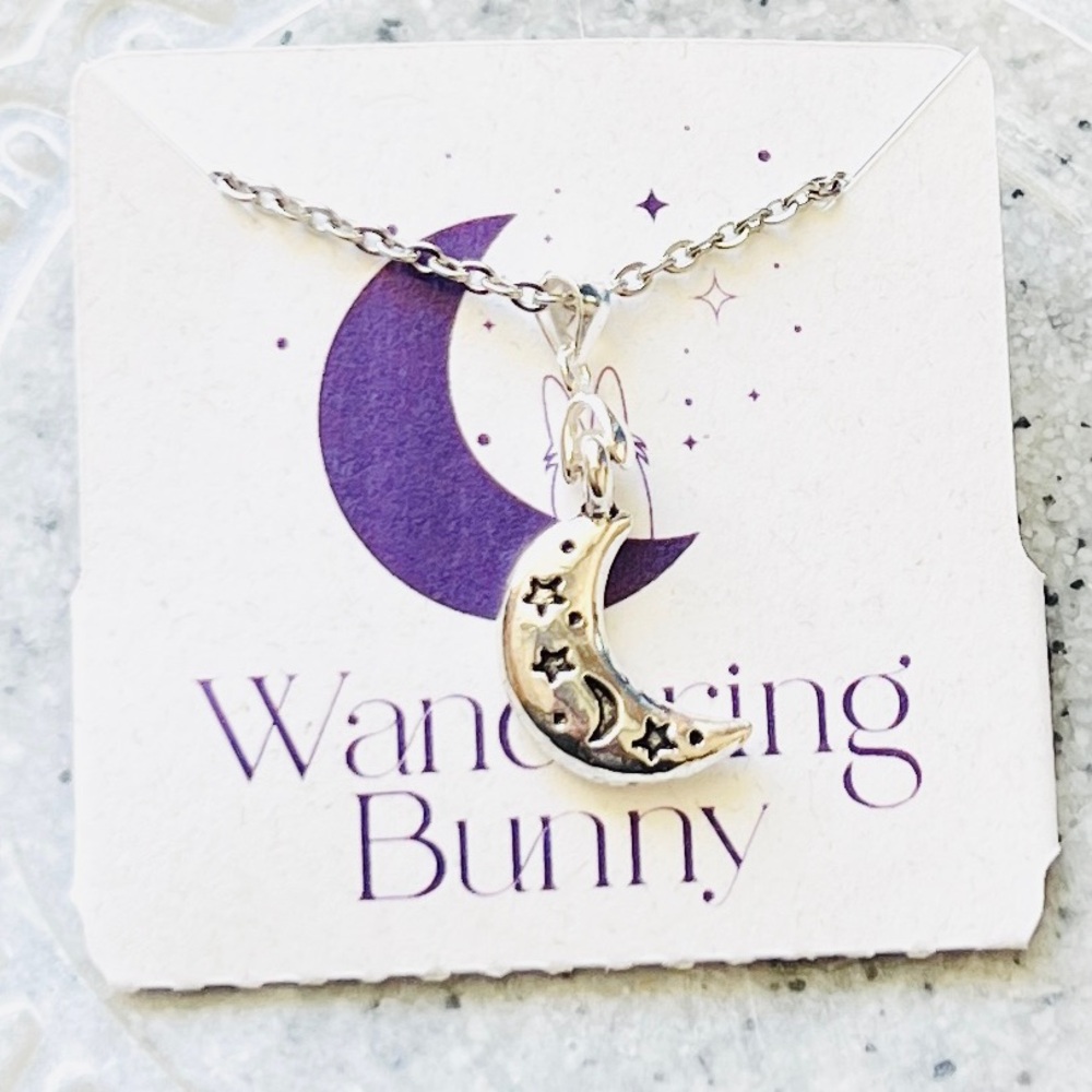 Dainty Silver Crescent Moon Necklace - Handmade by Wandering Bunny LLC